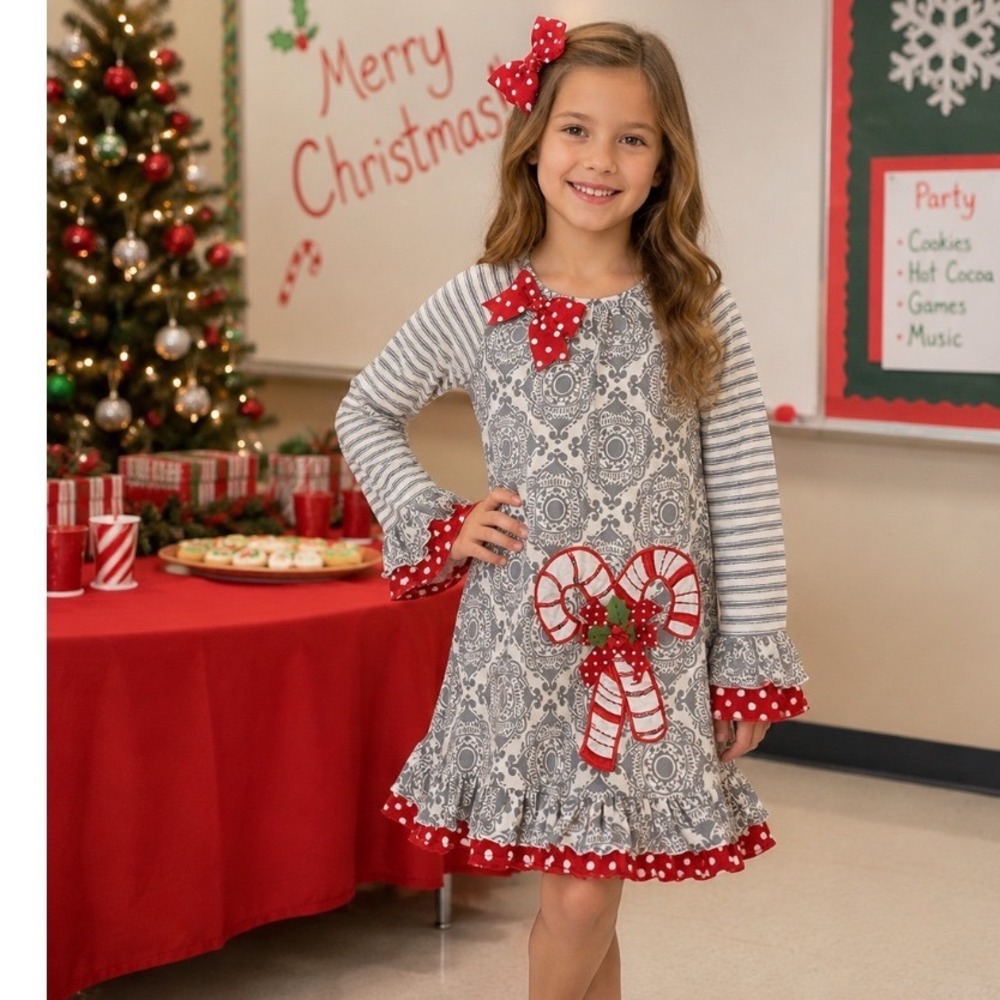 Counting Daisies dress Sz 8 Girls Gray Red Christmas candy canes